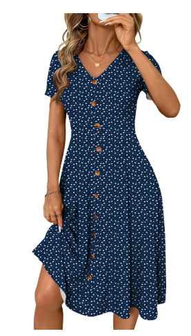 TEMOFON Summer Dresses for Women Button Floral Midi Sundress Short Sleeve V Neck Casual Polka Dot Dress