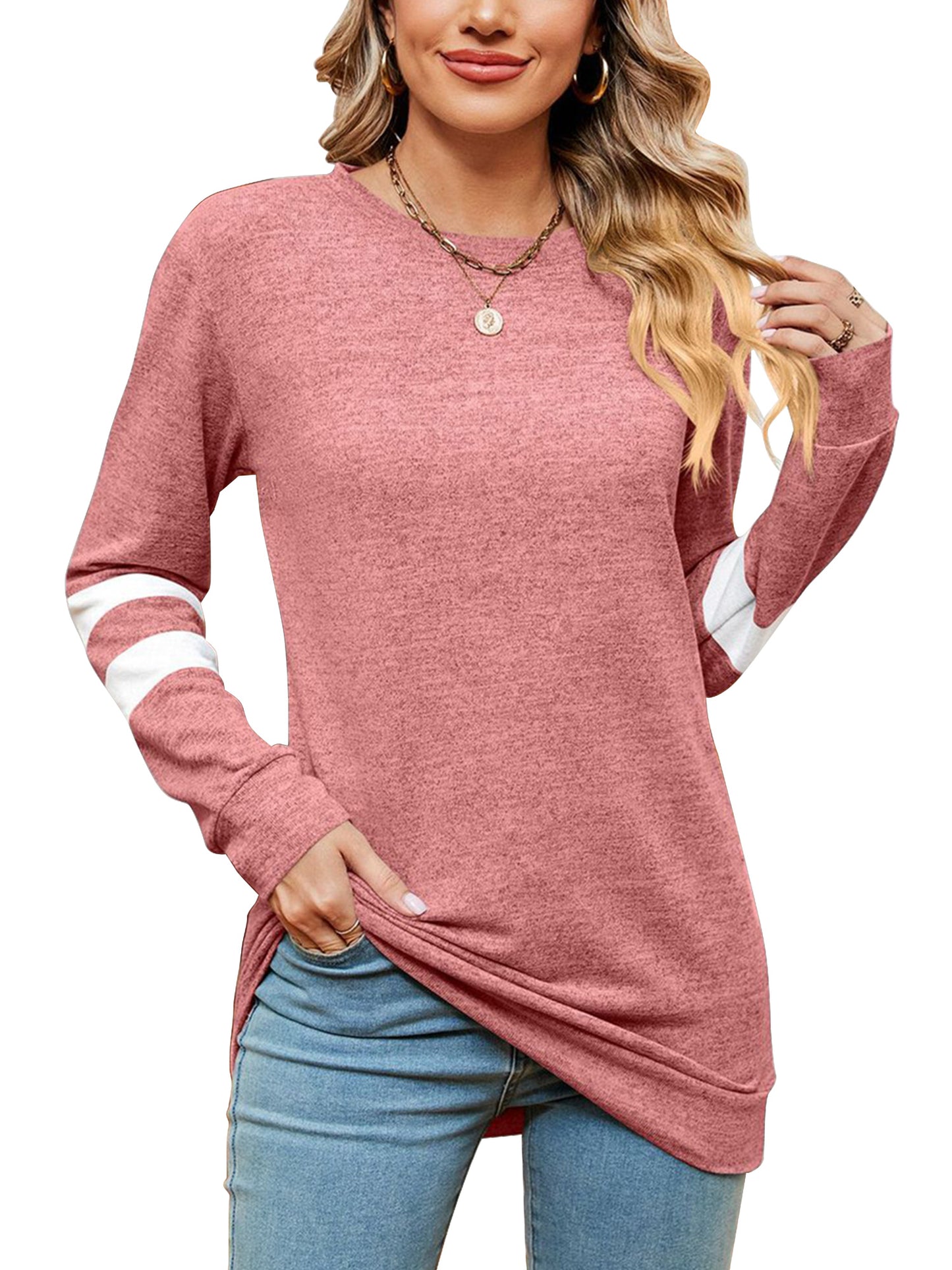 SHIBEVER Fall Fashion V-Neck Stripe Tunics Tops Blouses For Women Workout Long Sleeve Solid T-Shirt