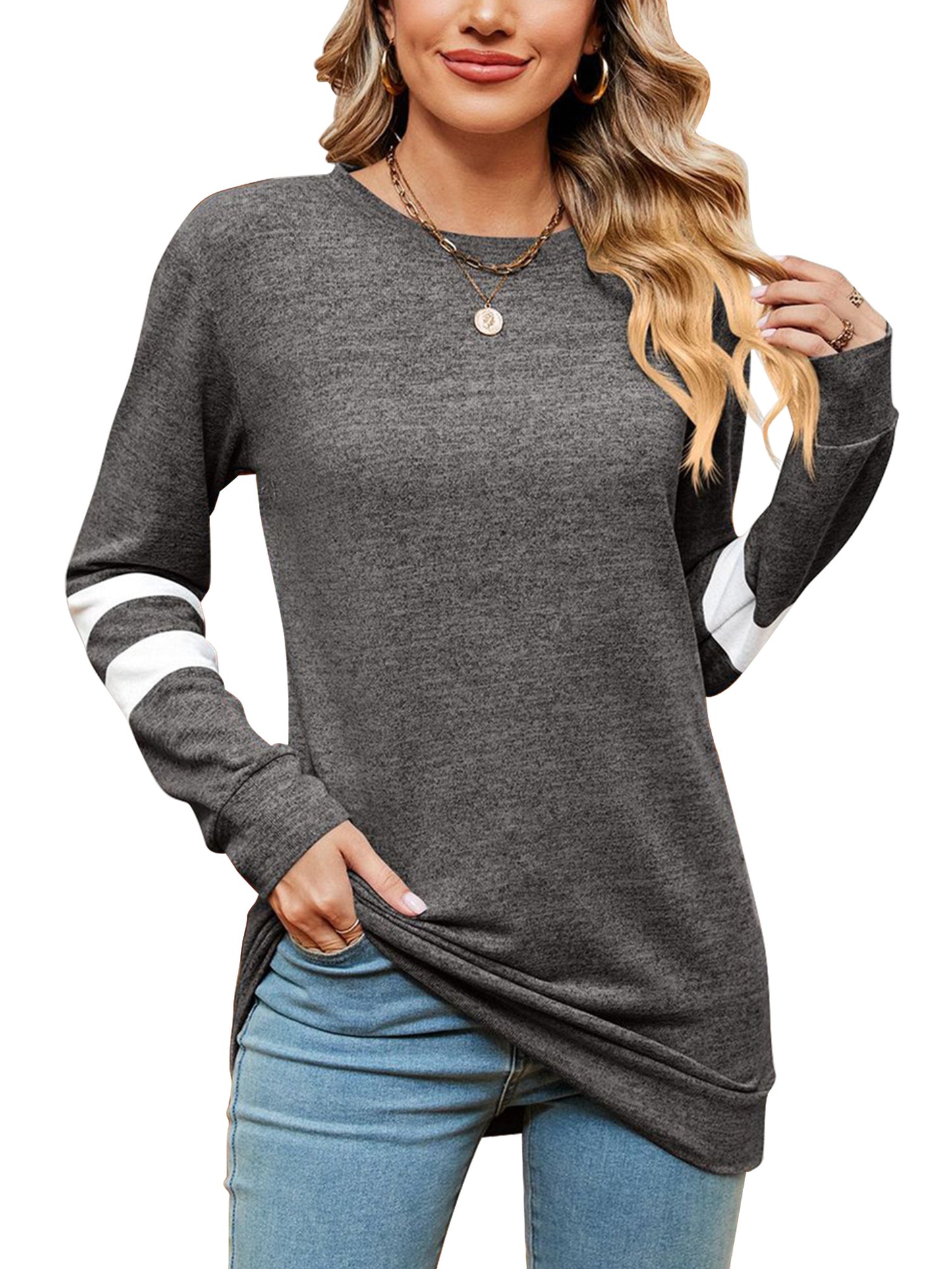 SHIBEVER Fall Fashion V-Neck Stripe Tunics Tops Blouses For Women Workout Long Sleeve Solid T-Shirt