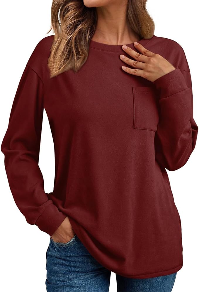 SHIBEVER Long Sleeve Shirts for Womens Tops for Women Trendy Fall Shirts for Women 2025 Women Crew Neck Top with Pocket Winter Clothes Red