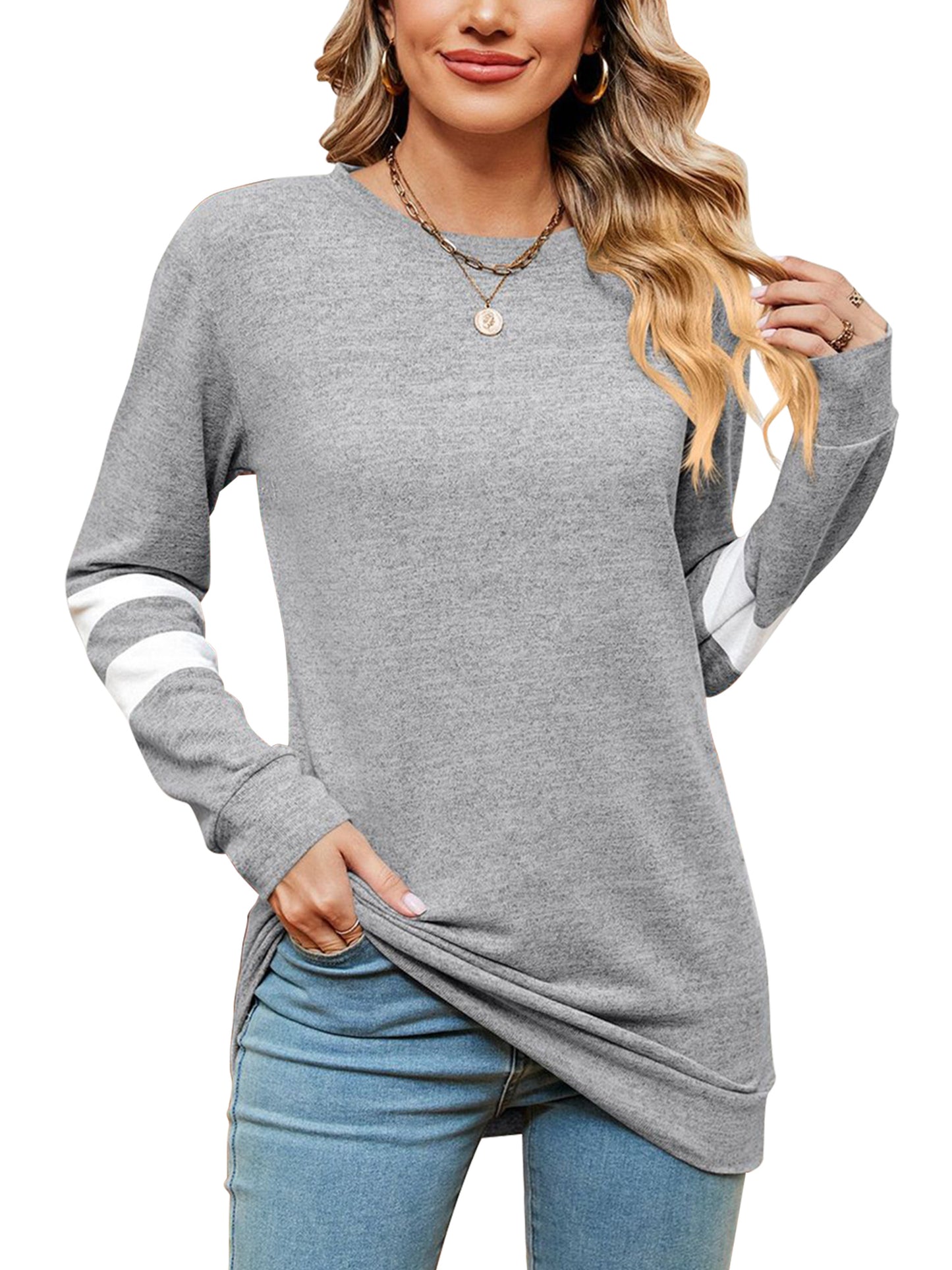 SHIBEVER Fall Fashion V-Neck Stripe Tunics Tops Blouses For Women Workout Long Sleeve Solid T-Shirt