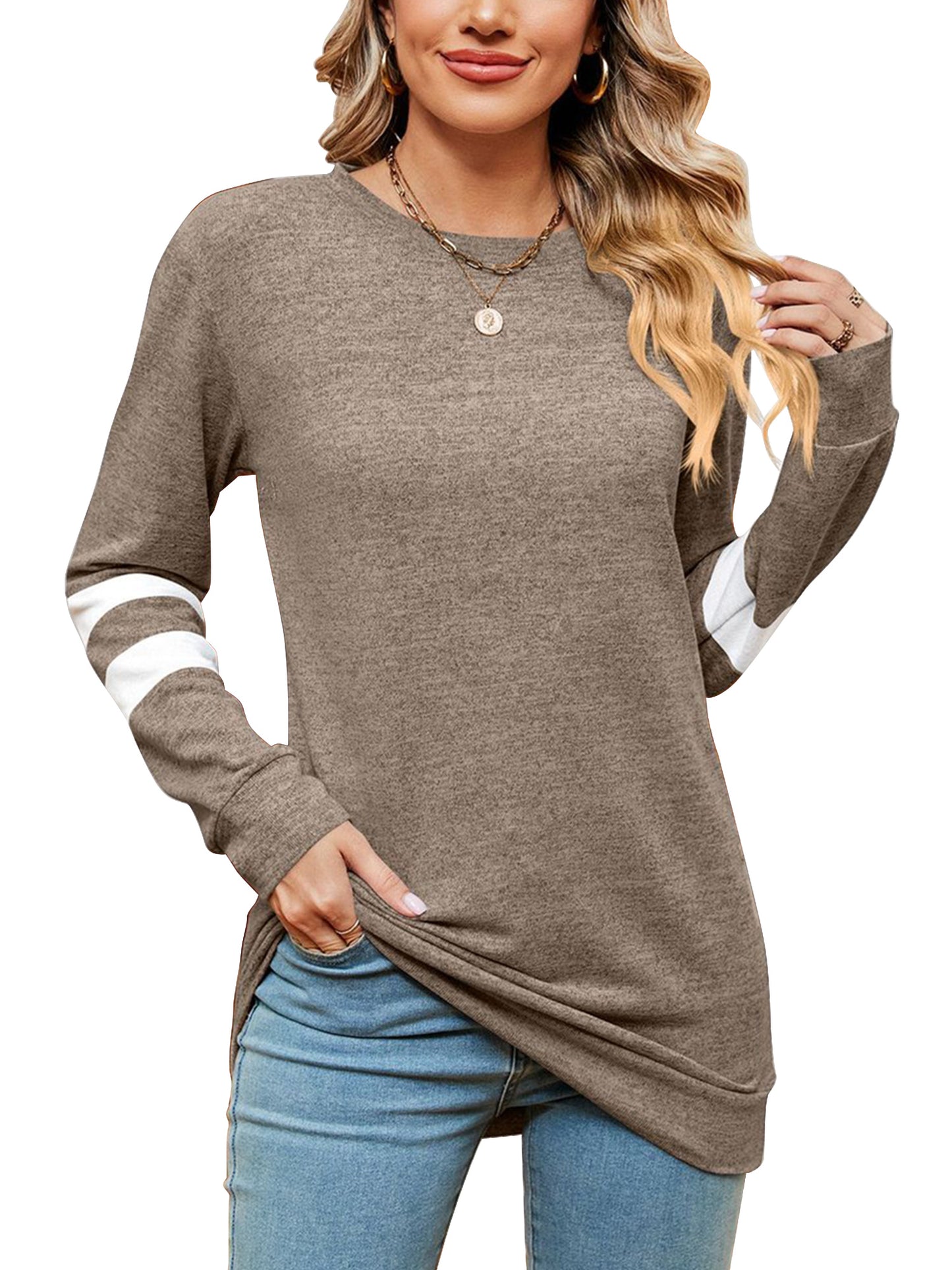 SHIBEVER Fall Fashion V-Neck Stripe Tunics Tops Blouses For Women Workout Long Sleeve Solid T-Shirt