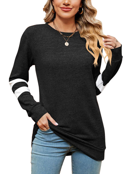 SHIBEVER Fall Fashion V-Neck Stripe Tunics Tops Blouses For Women Workout Long Sleeve Solid T-Shirt