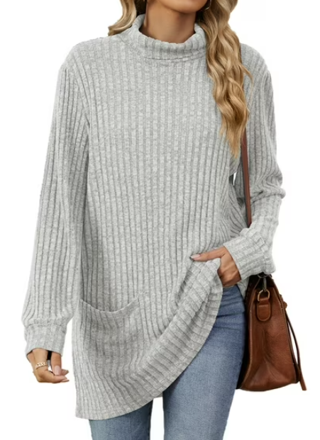 TEMOFON Womens Sweaters Long Sleeve Tunic Tops Casual Fall Turtleneck Soft Sweaters Comfy Shirts Loose Knit Pullover for Women Winter Clothes with Pocket