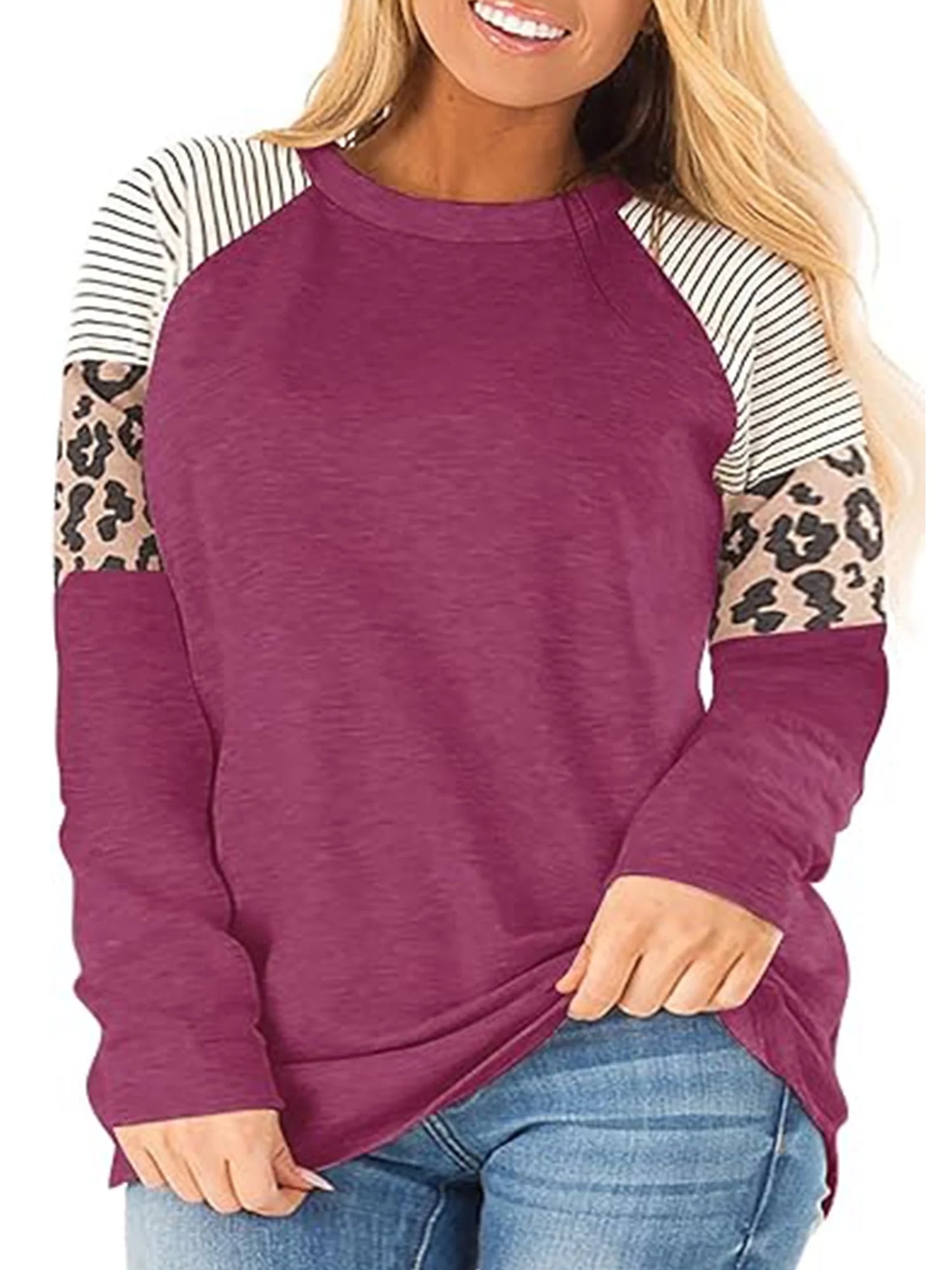 LANREMON Plus Size Top for Women Casual Round Neck Long Sleeev T Shirts Fashion Leopard Print Loose Tunic Black Tee Size Plus