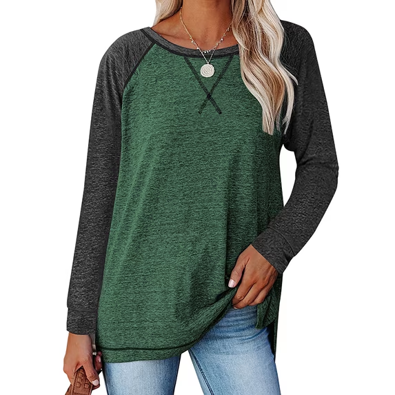 TEMOFON Long Sleeve Shirts for Women Fall Loose Tunic Tops Casual Crewneck Color Block Sweatshirts Raglan Blouses