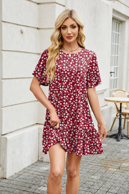 SHIBEVER Women Summer Dresses Casual Ruffle Hem Smock Mini Dress Comfy Short Sleeve Loose Fit Solid Color Shirt Dress