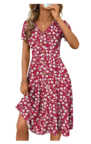 TEMOFON Summer Dresses for Women Button Floral Midi Sundress Short Sleeve V Neck Casual Polka Dot Dress