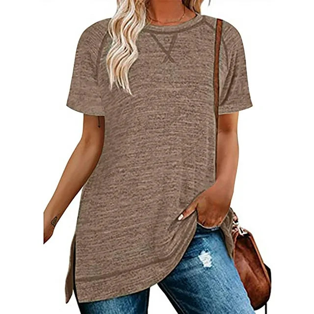 SHIBEVER Summer Short Sleeve T Shirts for Women Plus Size Casual Loose Side Split Tunic Tops Comfortable Crew Neck Tops