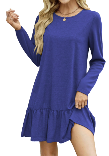 SHIBEVER Fall Dresses for Womens Casual Crew Neck Ruffle Hem Mini Dress Comfy Short Sleeve Loose Fit Solid Color Shirt Dress