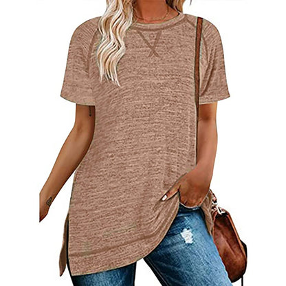 SHIBEVER Summer Short Sleeve T Shirts for Women Plus Size Casual Loose Side Split Tunic Tops Comfortable Crew Neck Tops