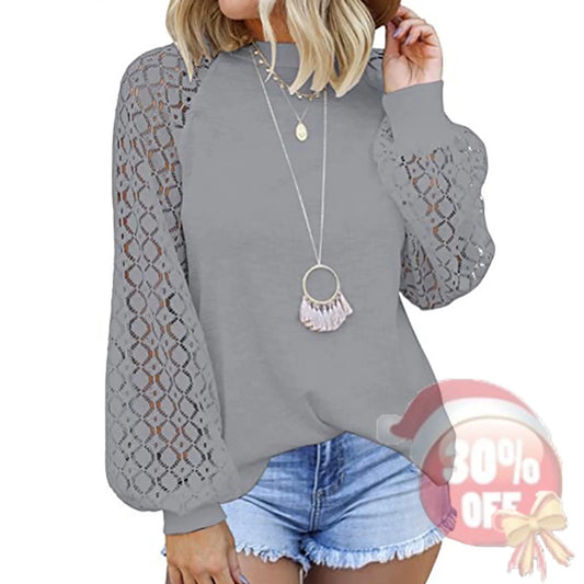 SHIBEVER Womens Tops Fall Lace Long Sleeve Tops Casual Round Neck T Shirts Dressy Tunic Tops Cute Ladies Loose Blouses Tops