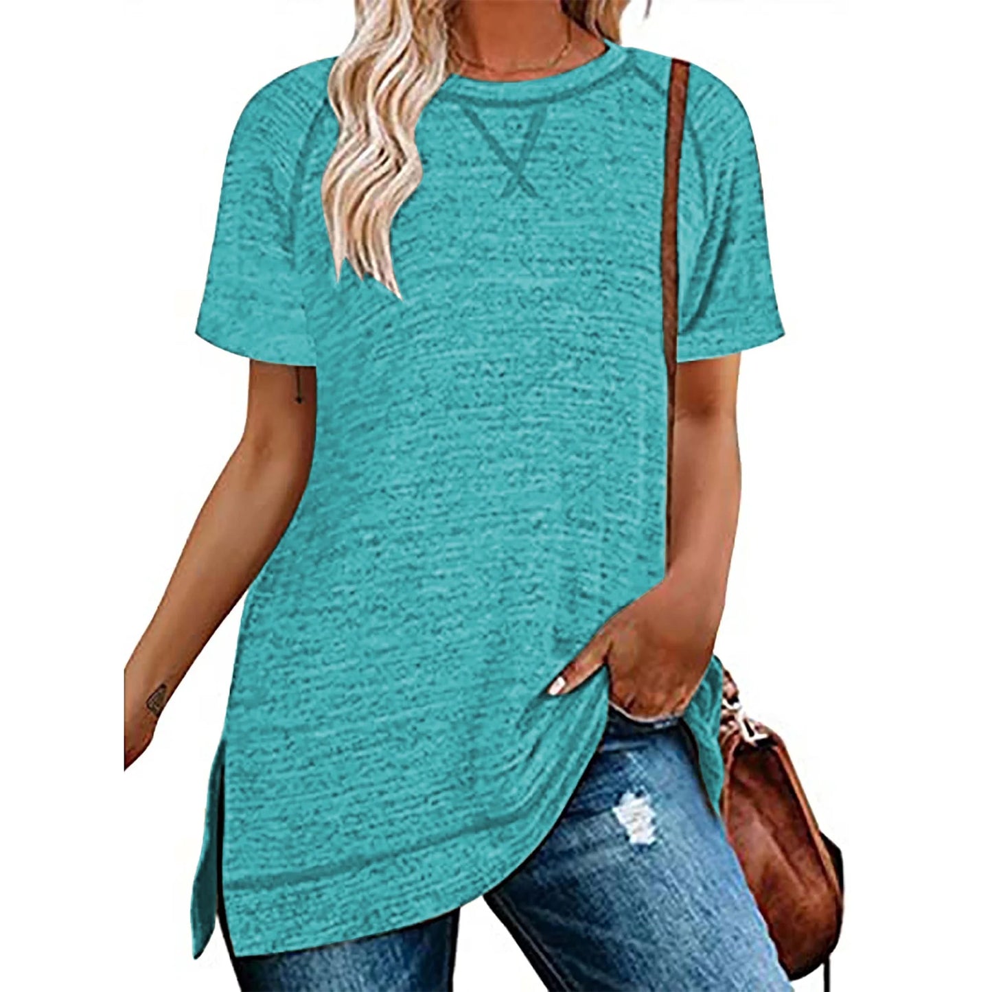 SHIBEVER Summer Short Sleeve T Shirts for Women Plus Size Casual Loose Side Split Tunic Tops Comfortable Crew Neck Tops