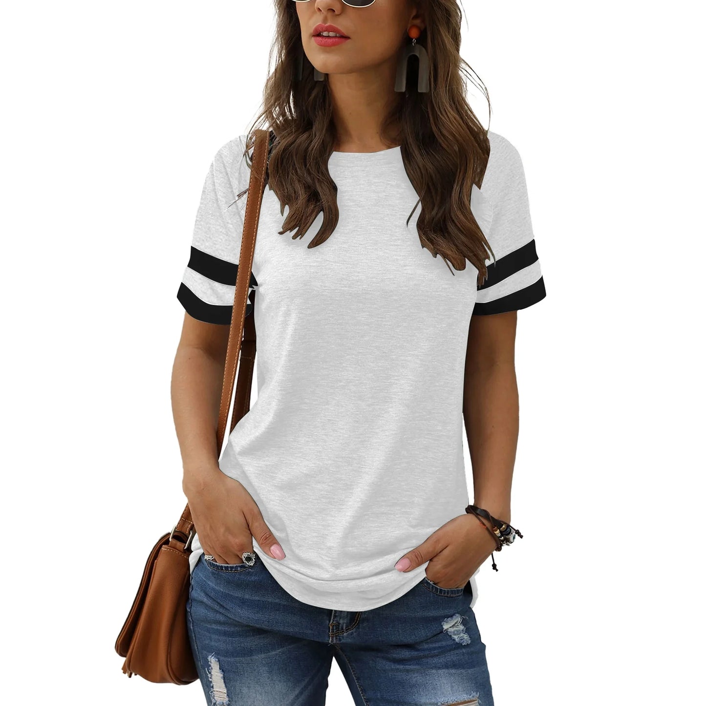 TEMOFON Color Block T Shirt for Womens Short Sleeve Top Casual Tunic Tops Crew Neck Striped Shirts Yellow 2025