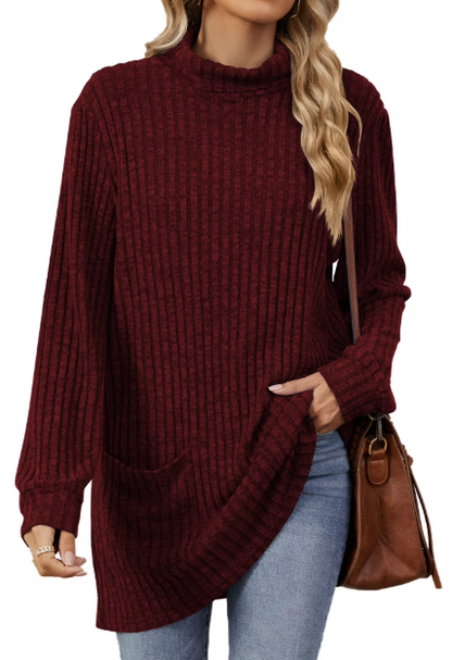 TEMOFON Womens Sweaters Long Sleeve Tunic Tops Casual Fall Turtleneck Soft Sweaters Comfy Shirts Loose Knit Pullover for Women Winter Clothes with Pocket