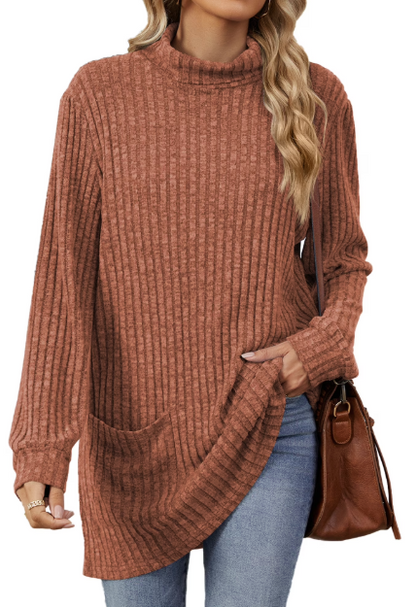 TEMOFON Womens Sweaters Long Sleeve Tunic Tops Casual Fall Turtleneck Soft Sweaters Comfy Shirts Loose Knit Pullover for Women Winter Clothes with Pocket