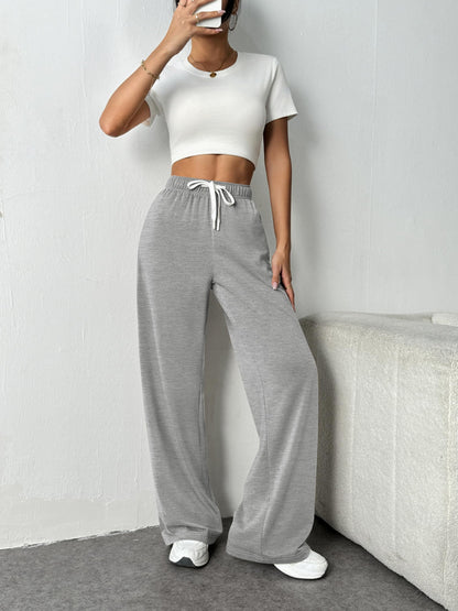 TEMOFON Fall Pants for Women Wide Leg Pants Fall Sweat Pants with Pockets Elastic Waistband Comfy Pants Women Winter Lounge Pants Light Grey