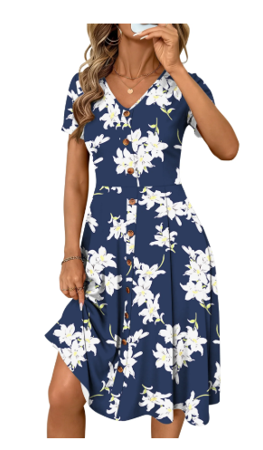 TEMOFON Summer Dresses for Women Button Floral Midi Sundress Short Sleeve V Neck Casual Polka Dot Dress
