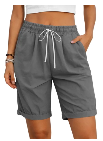 TEMOFON Womens Shorts Summer Casual Elastic Waist Drawstring Shorts with Pockets Knee Length Bermuda Shorts for Women