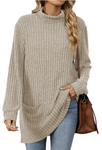 TEMOFON Womens Sweaters Long Sleeve Tunic Tops Casual Fall Turtleneck Soft Sweaters Comfy Shirts Loose Knit Pullover for Women Winter Clothes with Pocket