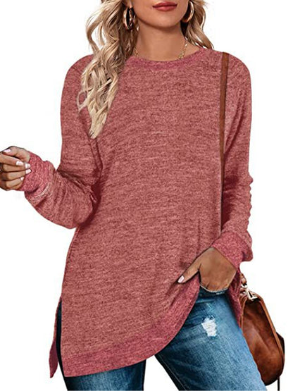 SWQZVT Womens Fall Tops Long Sleeve Shirts Crewneck Loose Casual Pullover Fashion Color Block Side Split Black Tunic Tops Lightweight Sweatshirts