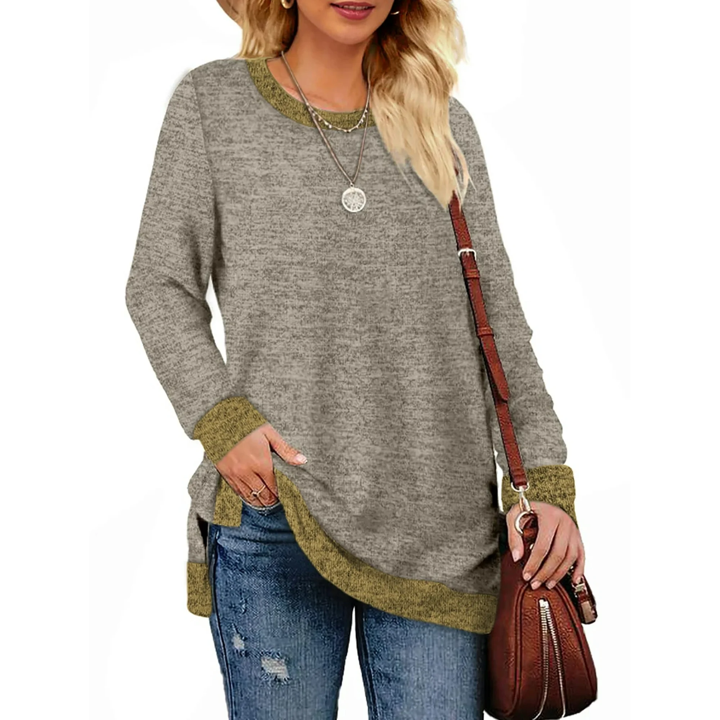 SHIBEVER Womens Tops Long Sleeve T Shirts Fall Fashion Loose Tunic Tops Trendy Side Split Pullover Color Block Crewneck