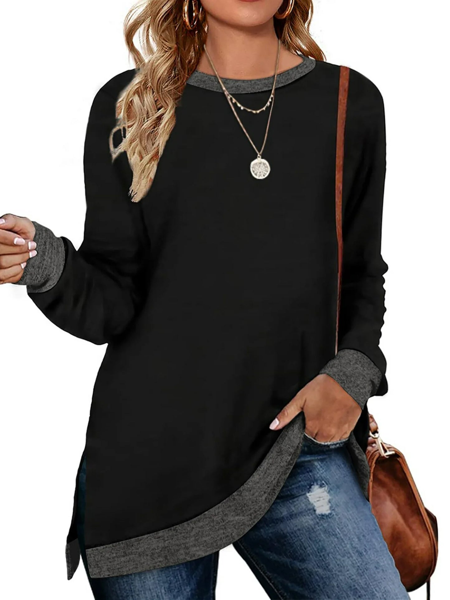 SWQZVT Womens Fall Tops Long Sleeve Shirts Crewneck Loose Casual Pullover Fashion Color Block Side Split Black Tunic Tops Lightweight Sweatshirts
