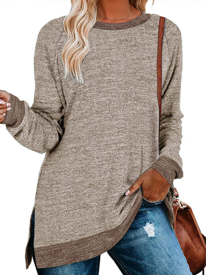 SWQZVT Womens Fall Tops Long Sleeve Shirts Crewneck Loose Casual Pullover Fashion Color Block Side Split Black Tunic Tops Lightweight Sweatshirts