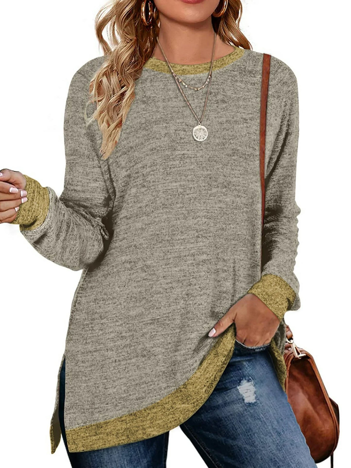 SWQZVT Womens Fall Tops Long Sleeve Shirts Crewneck Loose Casual Pullover Fashion Color Block Side Split Black Tunic Tops Lightweight Sweatshirts