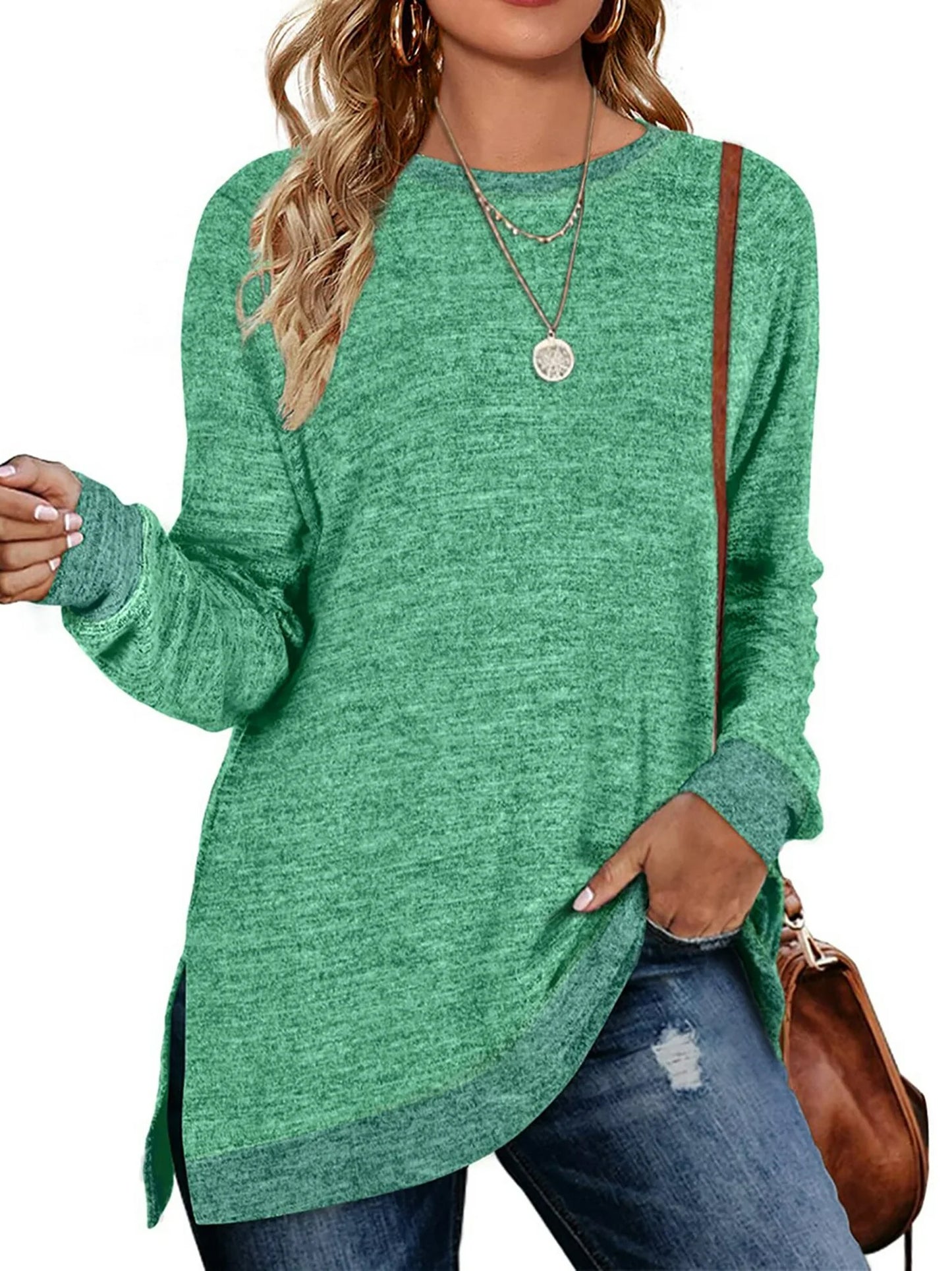 SWQZVT Womens Fall Tops Long Sleeve Shirts Crewneck Loose Casual Pullover Fashion Color Block Side Split Black Tunic Tops Lightweight Sweatshirts