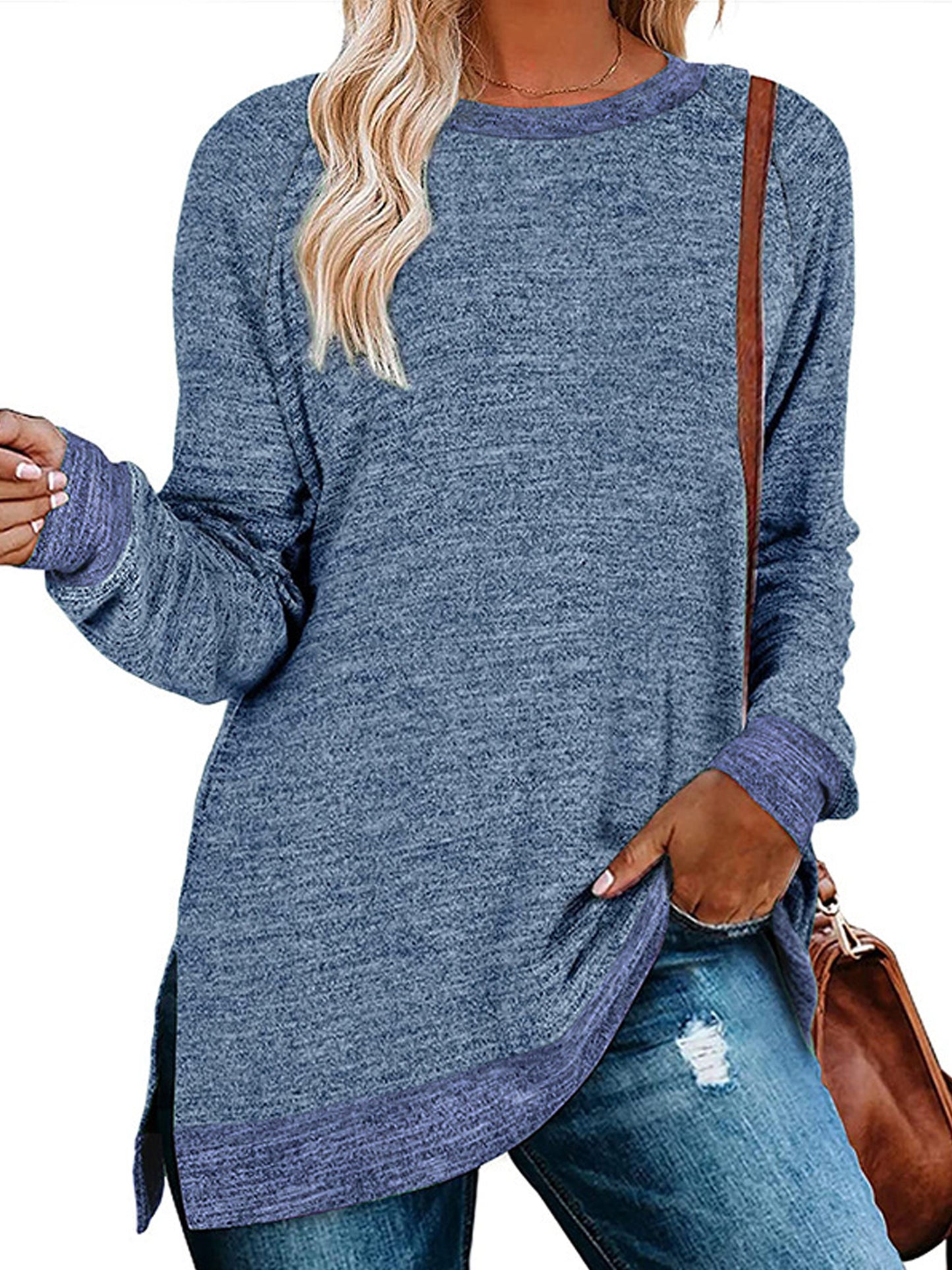 SWQZVT Womens Fall Tops Long Sleeve Shirts Crewneck Loose Casual Pullover Fashion Color Block Side Split Black Tunic Tops Lightweight Sweatshirts