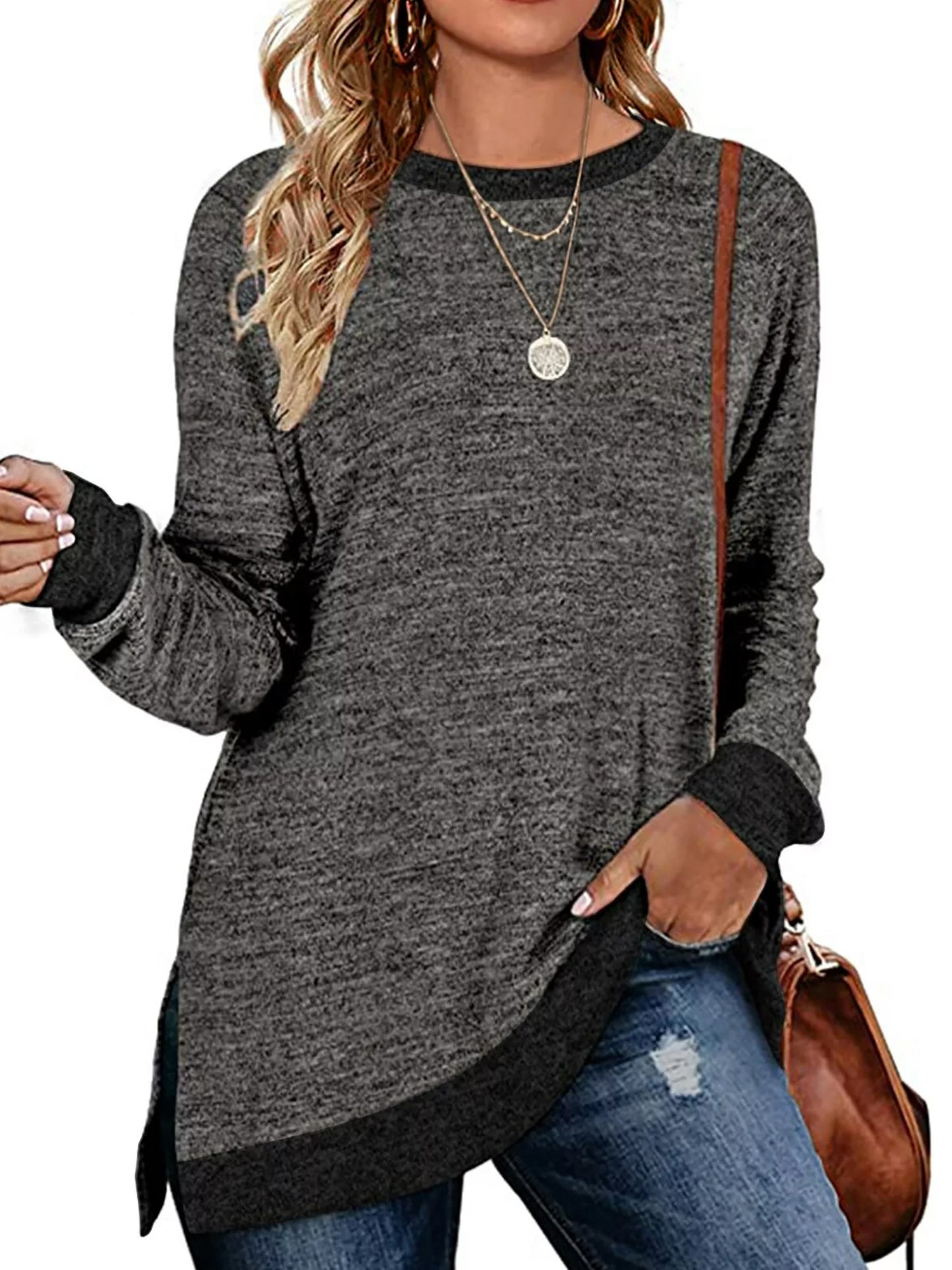 SWQZVT Womens Fall Tops Long Sleeve Shirts Crewneck Loose Casual Pullover Fashion Color Block Side Split Black Tunic Tops Lightweight Sweatshirts