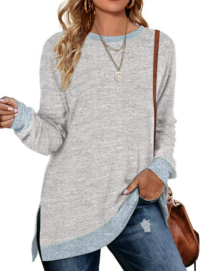 SWQZVT Womens Fall Tops Long Sleeve Shirts Crewneck Loose Casual Pullover Fashion Color Block Side Split Black Tunic Tops Lightweight Sweatshirts