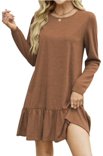 SHIBEVER Fall Dresses for Womens Casual Crew Neck Ruffle Hem Mini Dress Comfy Short Sleeve Loose Fit Solid Color Shirt Dress