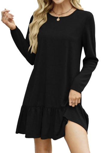 SHIBEVER Fall Dresses for Womens Casual Crew Neck Ruffle Hem Mini Dress Comfy Short Sleeve Loose Fit Solid Color Shirt Dress