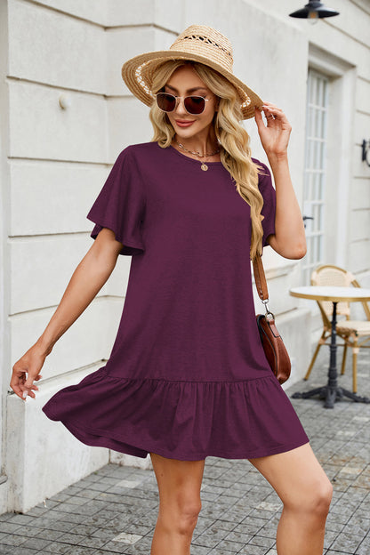 SHIBEVER Women Summer Dresses Casual Ruffle Hem Smock Mini Dress Comfy Short Sleeve Loose Fit Solid Color Shirt Dress