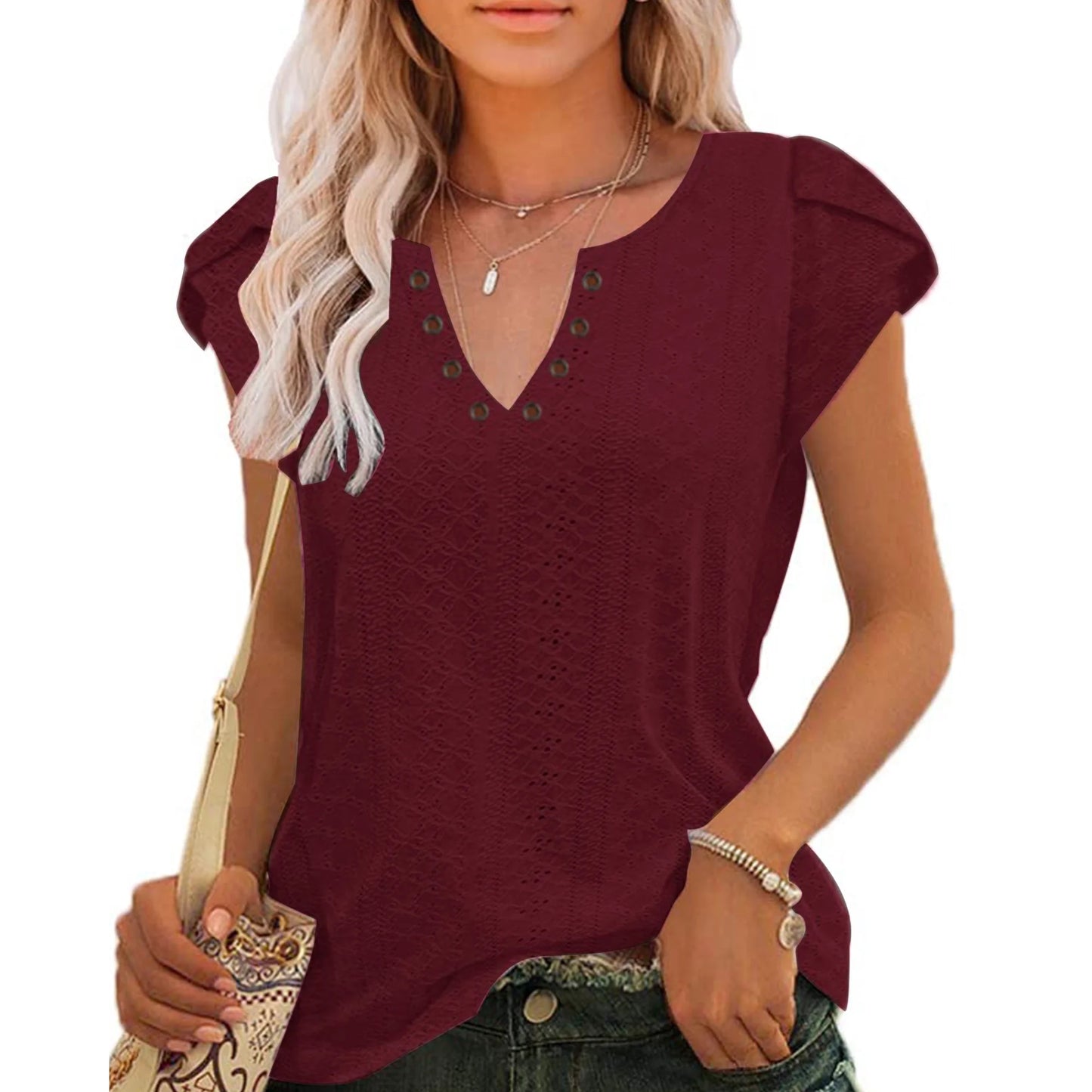 TEMOFON Women Tops Summer T-Shirts Short Sleeve Casual V Neck Tops Dressy Ruffle Sleeve Tunic Tops Cute Loose Ladies Blouses