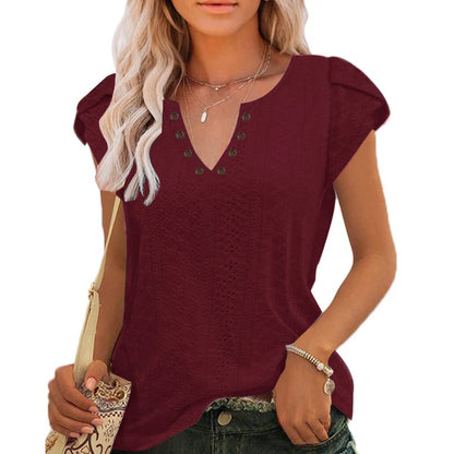 TEMOFON Women Tops Summer T-Shirts Short Sleeve Casual V Neck Tops Dressy Ruffle Sleeve Tunic Tops Cute Loose Ladies Blouses