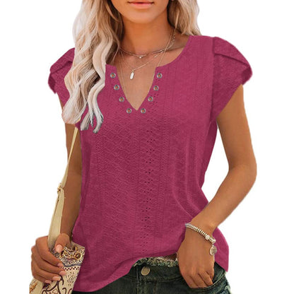 TEMOFON Women Tops Summer T-Shirts Short Sleeve Casual V Neck Tops Dressy Ruffle Sleeve Tunic Tops Cute Loose Ladies Blouses