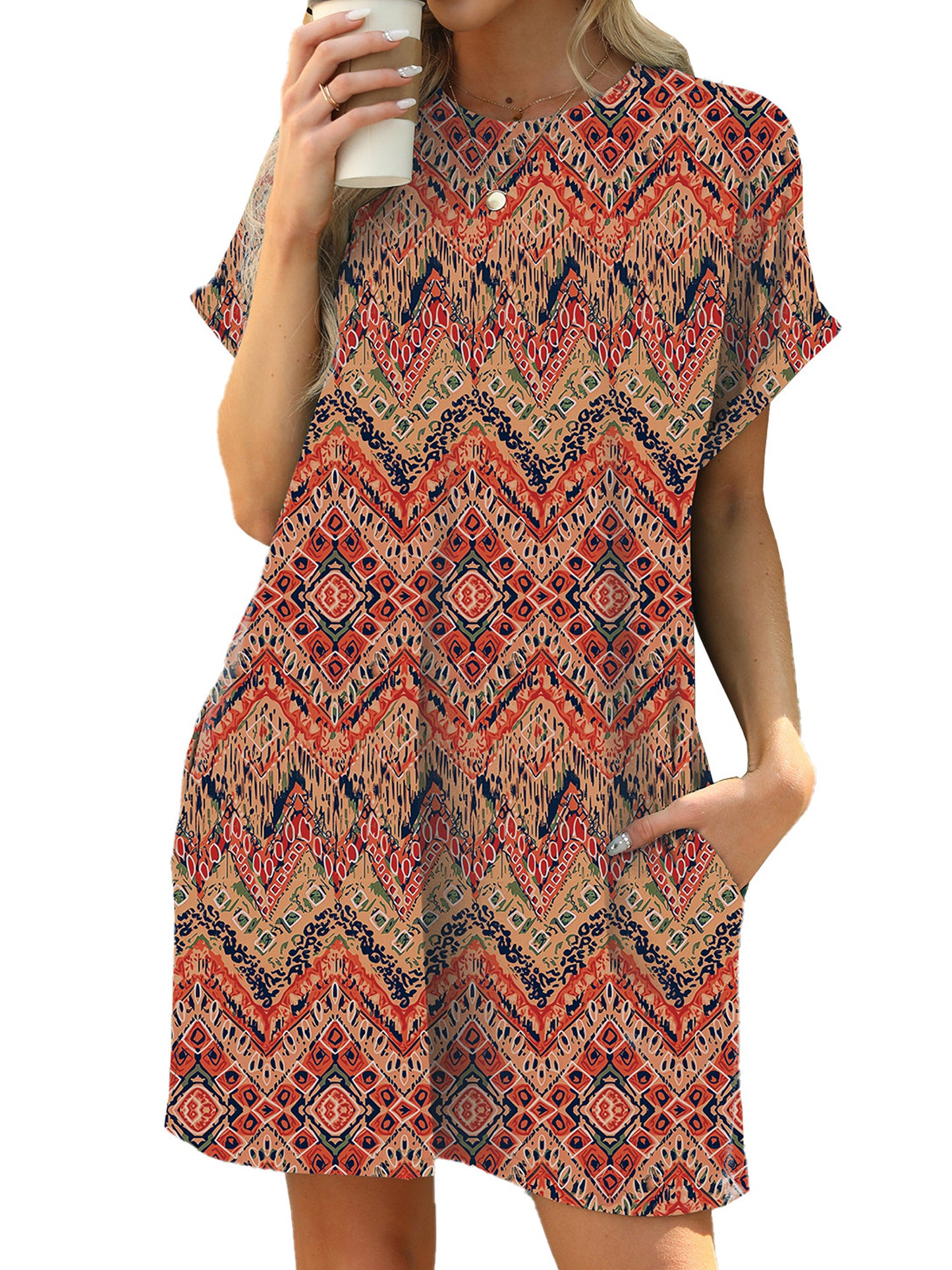 TEMOFON Dressy T Shirt Dress for Women Crew Neck Dresses Beach Sundress with Pockets Casual Short Sleeve Midi Dresses Womens Clothes Boho Floral Print Swing Vacation Holiday Summer Dresses