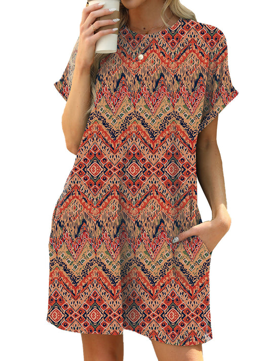 TEMOFON Dressy T Shirt Dress for Women Crew Neck Dresses Beach Sundress with Pockets Casual Short Sleeve Midi Dresses Womens Clothes Boho Floral Print Swing Vacation Holiday Summer Dresses