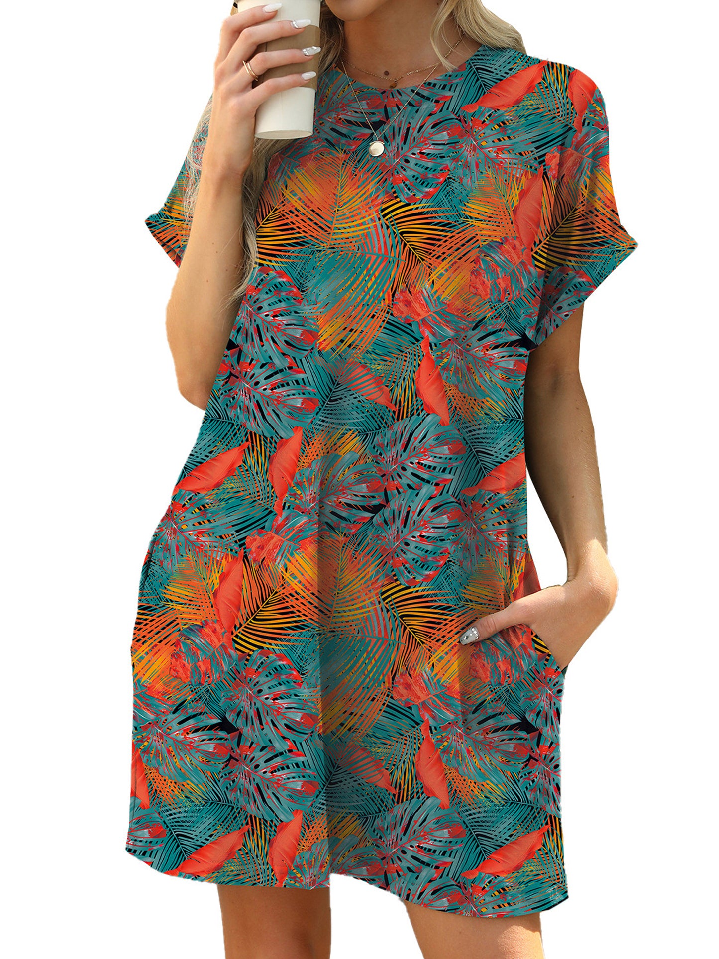 TEMOFON Dressy T Shirt Dress for Women Crew Neck Dresses Beach Sundress with Pockets Casual Short Sleeve Midi Dresses Womens Clothes Boho Floral Print Swing Vacation Holiday Summer Dresses