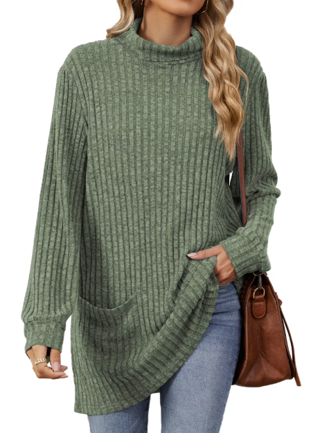 TEMOFON Womens Sweaters Long Sleeve Tunic Tops Casual Fall Turtleneck Soft Sweaters Comfy Shirts Loose Knit Pullover for Women Winter Clothes with Pocket