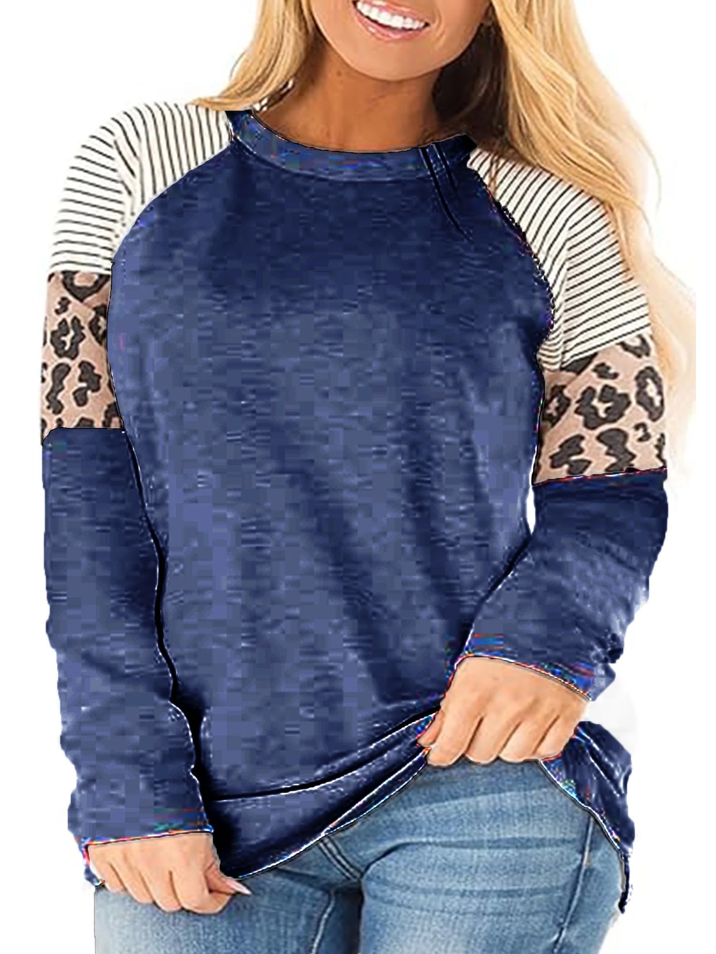 LANREMON Plus Size Top for Women Casual Round Neck Long Sleeev T Shirts Fashion Leopard Print Loose Tunic Black Tee Size Plus