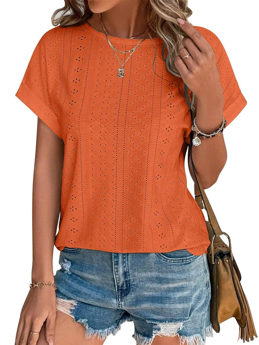 TEMOFON Blouses for Women Eyelet Embroidery Short Sleeve Tunic Tops Dressy Casual Summer Shirts Crewneck Trendy T Shirts for Womens Clothes Trendy Shirts