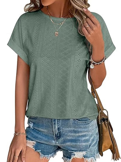 TEMOFON Blouses for Women Eyelet Embroidery Short Sleeve Tunic Tops Dressy Casual Summer Shirts Crewneck Trendy T Shirts for Womens Clothes Trendy Shirts