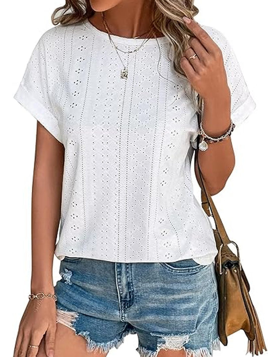 TEMOFON Womens Tops Eyelet Embroidery Summer Spring Crewneck Casual Short Sleeve Blouse Trendy T Shirts for Womens Clothes Trendy Shirts Tunic Tops
