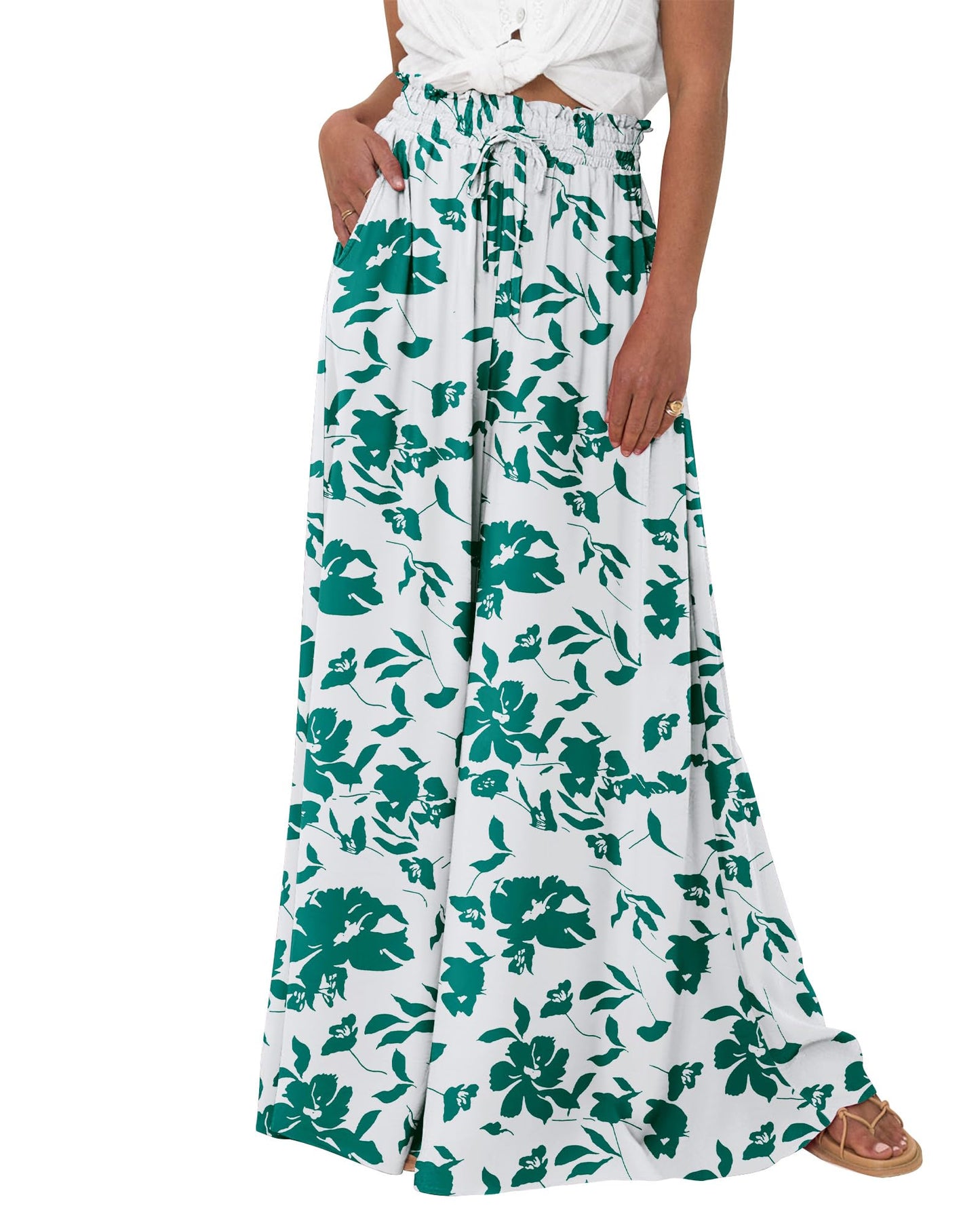 SWQZVT Womens Summer Wide Leg Palazzo Pants High Waisted Flowy Pockets Trendy Casual Lounge Boho Beach Trousers for Womens Clothes Lightweight Drawstring Adjustable Pants