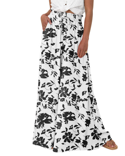 SWQZVT Womens Summer Wide Leg Palazzo Pants High Waisted Flowy Pockets Trendy Casual Lounge Boho Beach Trousers for Womens Clothes Lightweight Drawstring Adjustable Pants