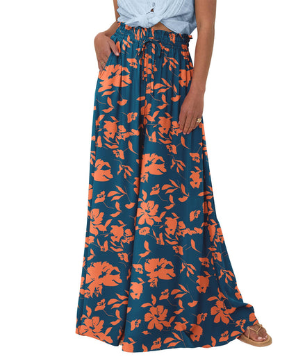 SWQZVT Womens Summer Wide Leg Palazzo Pants High Waisted Flowy Pockets Trendy Casual Lounge Boho Beach Trousers for Womens Clothes Lightweight Drawstring Adjustable Pants